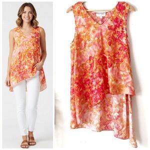 Tracy Reese Lab 100% Silk Watercolor Floral Asymmetrical Blouse Orange Pink Sz M